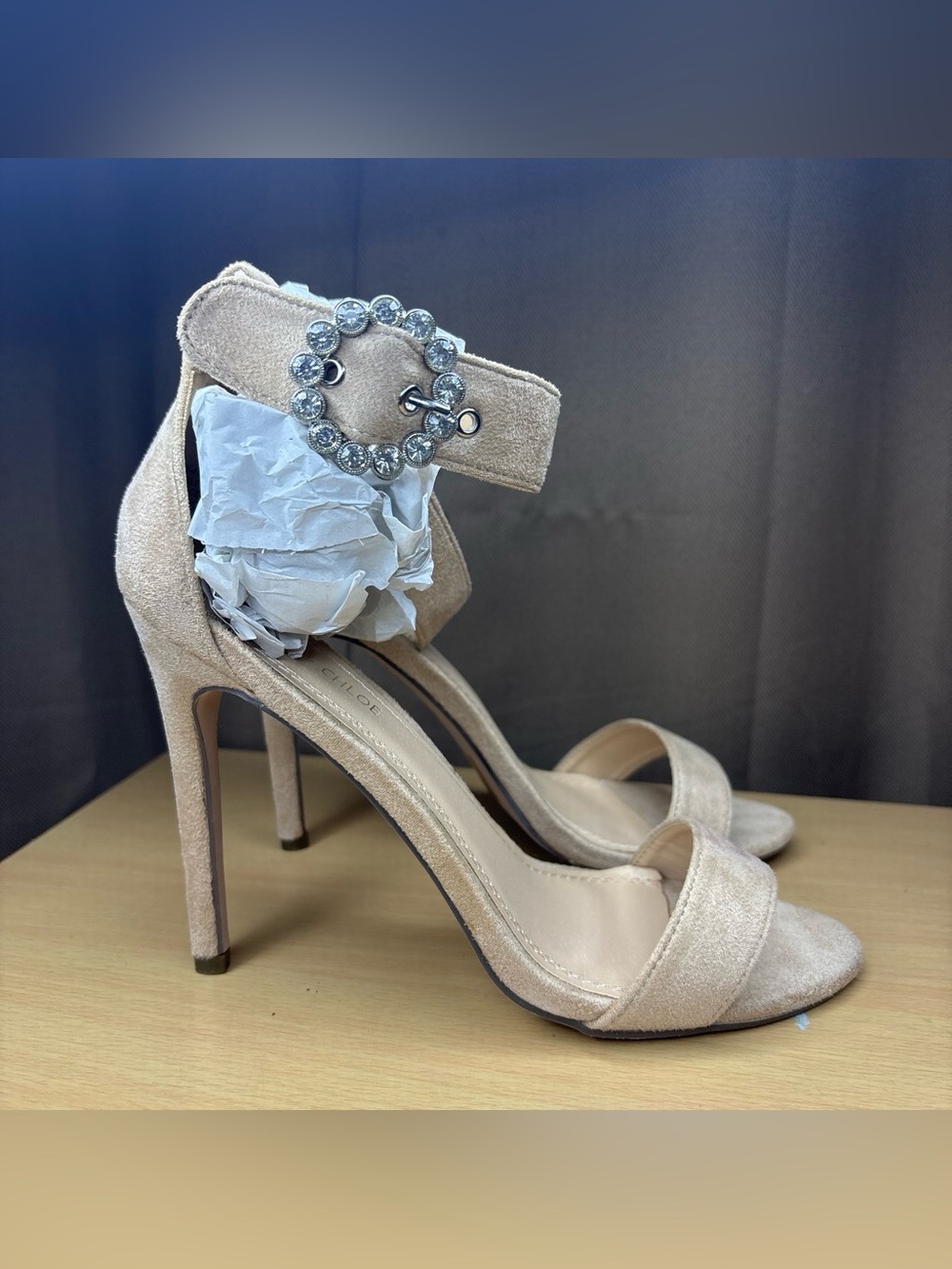Chase + Chloe Blush Nude Suede Crystal Buckle Ankle-Strap Stilettos